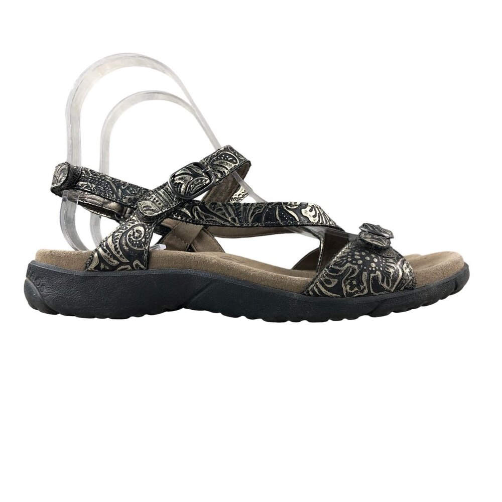 Taos Women's Size 7 Bea Black Pewter Leather Ankle Strap Adjustable Sandals